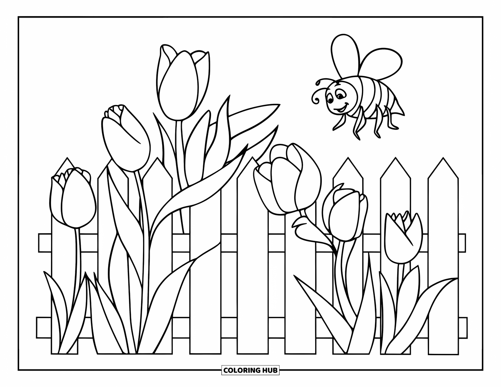 Desenho de primavera para colorir para crianças: Uma cerca de estacas organizada com tulipas altas e uma abelha curiosa zumbindo ao redor