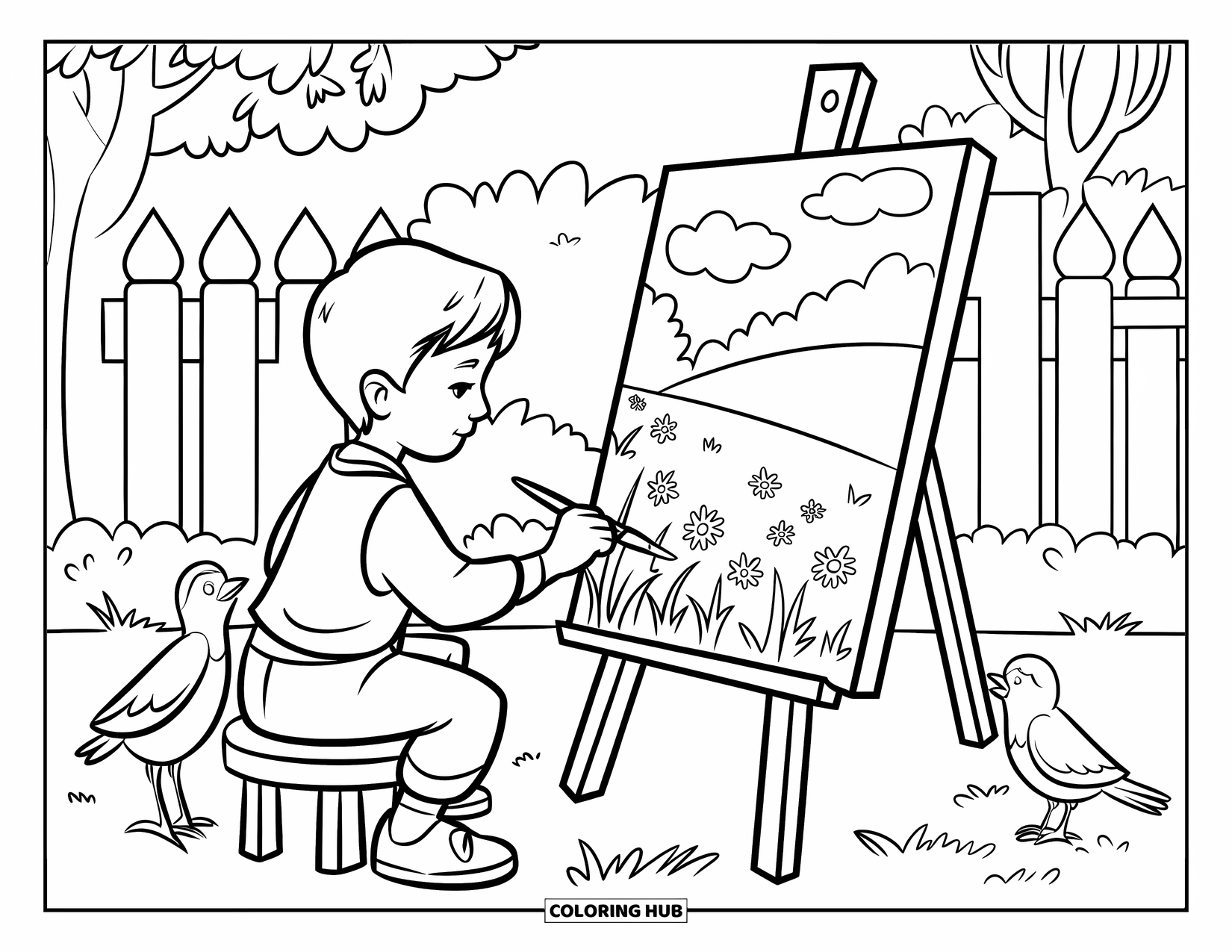 Desenho de primavera para colorir para crianças: Um pintor captura um prado de primavera na tela, cercado por pássaros e árvores