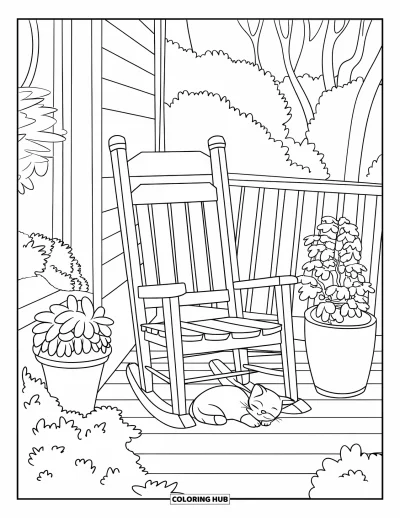 Spring Coloring Page for Kids: A peaceful front porch with a rocking chair and a cat curled up nearby