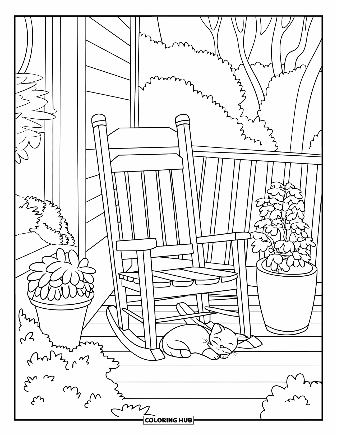 Desenho de primavera para colorir para crianças: Uma varanda da frente tranquila com uma cadeira de balanço e um gato enrolado nas proximidades