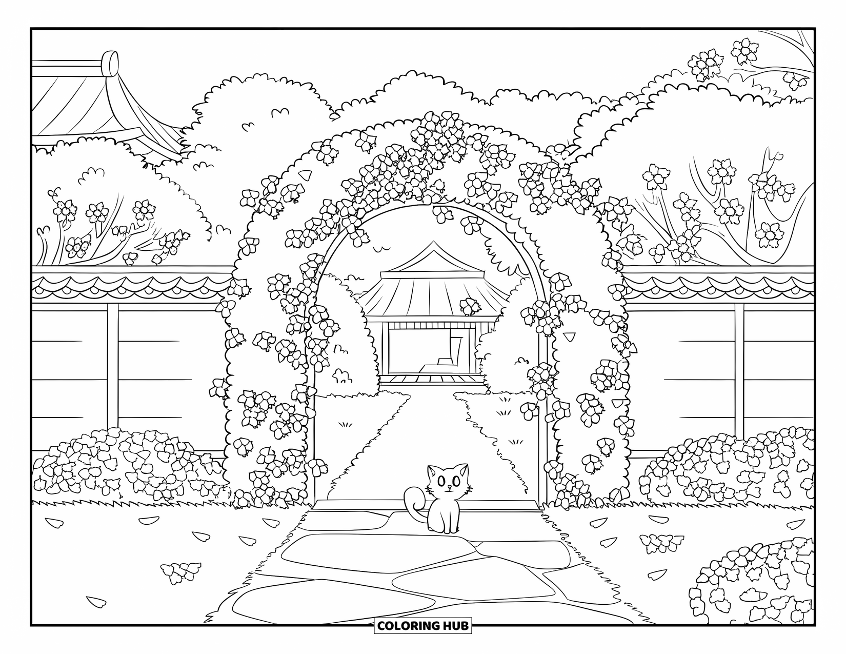 Desenho de primavera para colorir para crianças: Um arco de jardim tranquilo coberto de hera, com um gato descansando em uma base de pedra