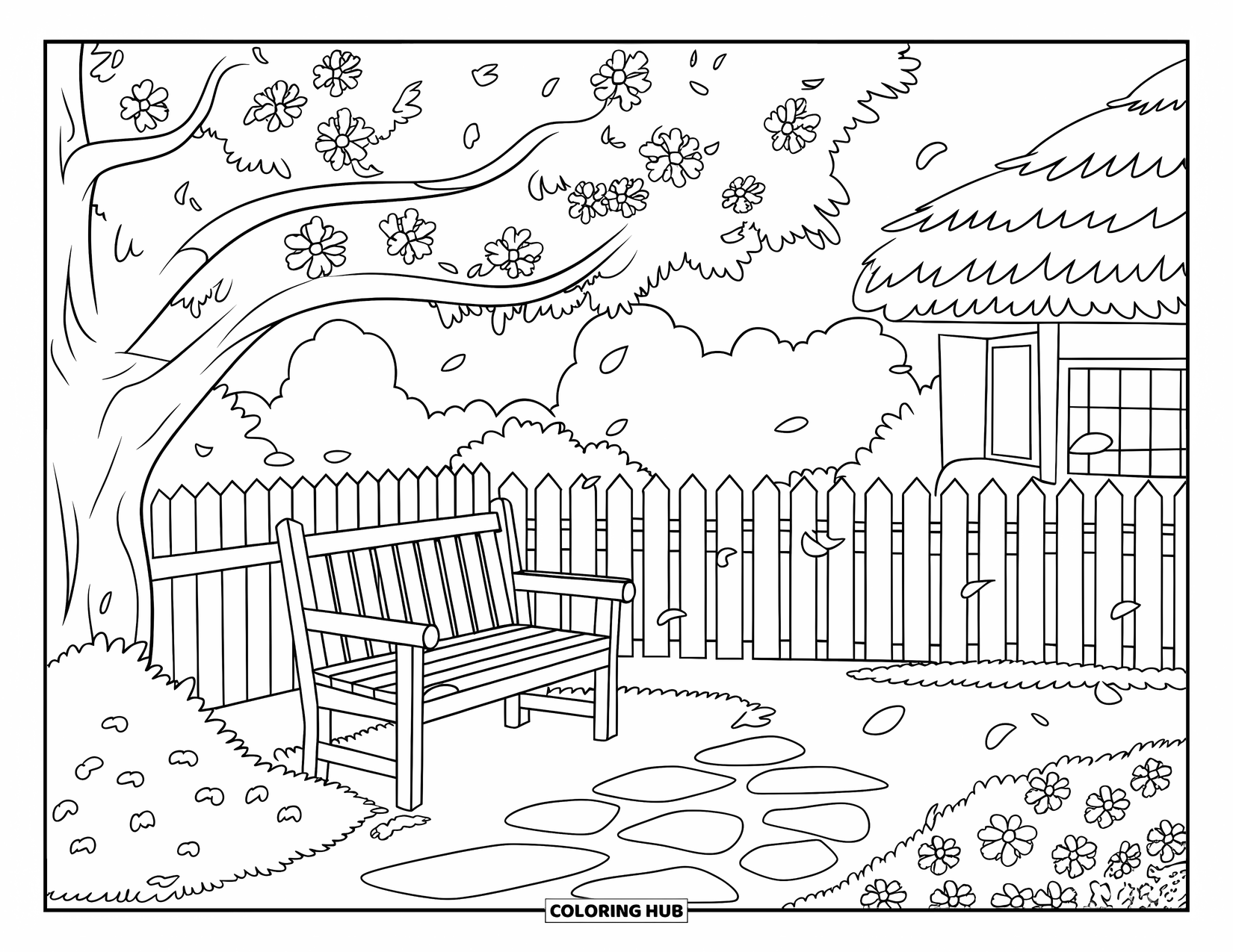 Desenho de primavera para colorir para crianças: Um jardim tranquilo com um banco de madeira sob uma cerejeira em flor
