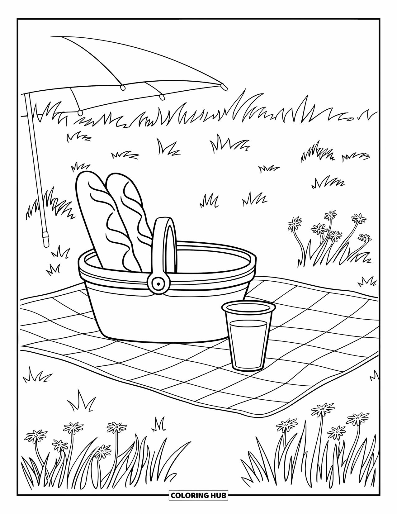 Desenho de primavera para colorir para crianças: Uma cena de piquenique tranquila com uma manta xadrez, uma cesta e um copo de suco