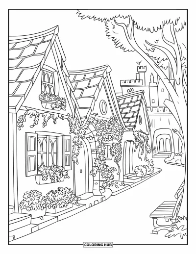 Spring Coloring Page for Kids: A peaceful village street with small cottages, ivy-covered walls, and lanterns