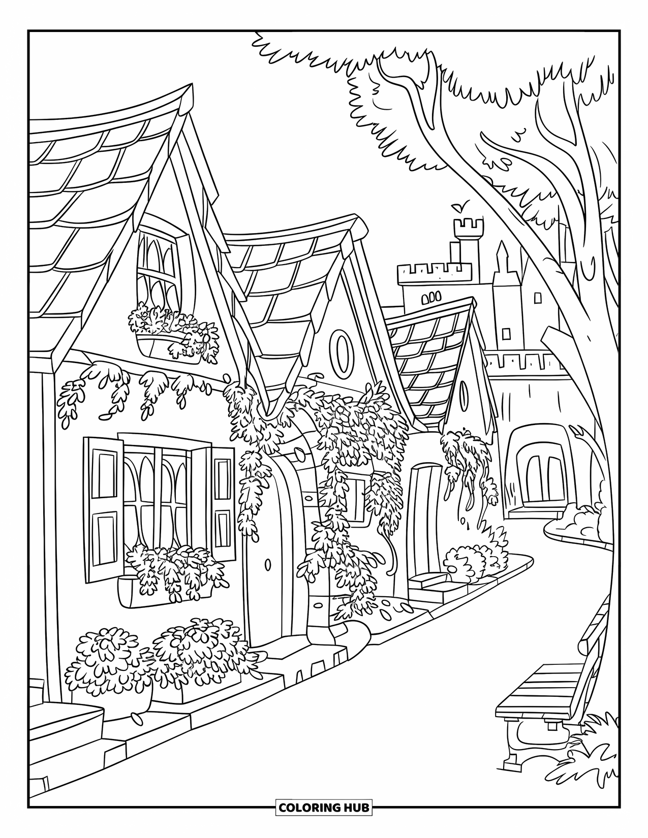 Desenho de primavera para colorir para crianças: Uma rua de vila tranquila com pequenos chalés, paredes cobertas de hera e lanternas