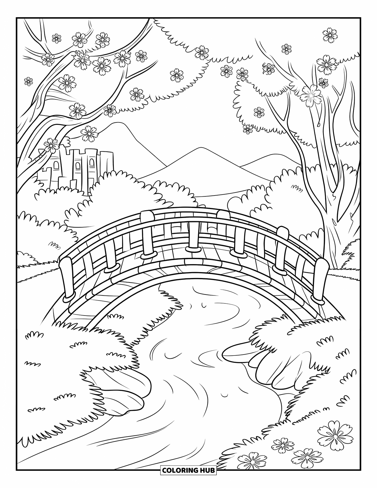 Desenho de primavera para colorir para crianças: Uma ponte de madeira tranquila cruza um riacho suave, cercada por flores de cerejeira