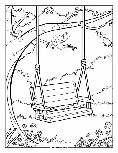 Spring Coloring Page for Kids: A peaceful wooden swing sways beneath a towering tree in a lush meadow