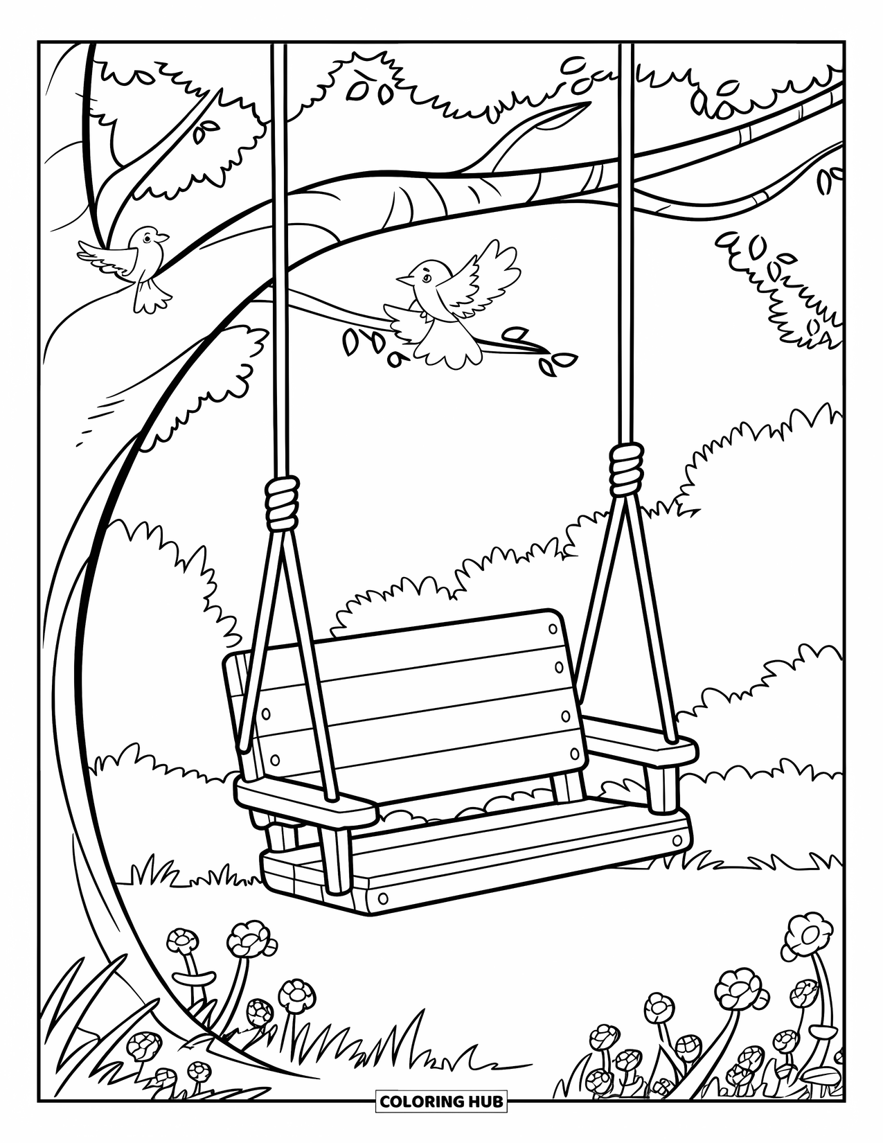 Desenho de primavera para colorir para crianças: Um balanço de madeira tranquilo balança sob uma árvore imponente em um prado exuberante