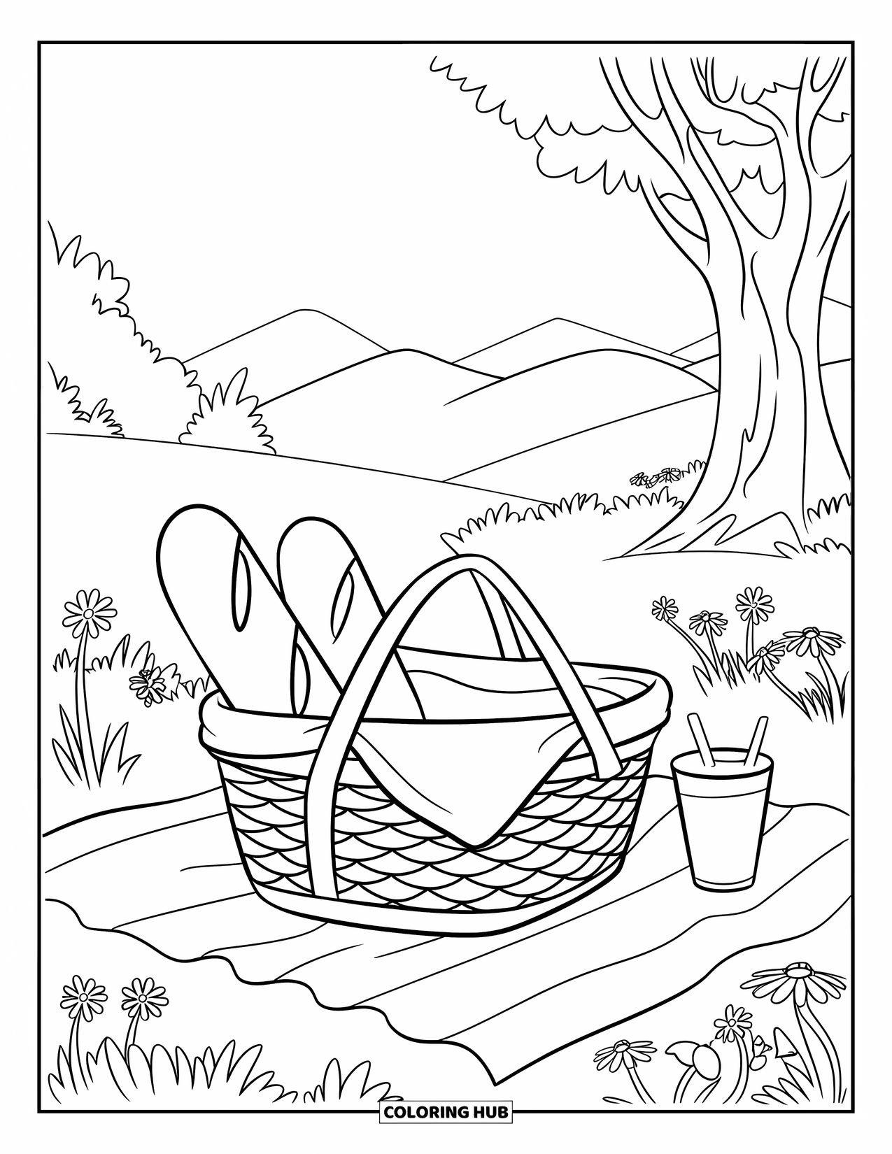 Desenho de primavera para colorir para crianças: Uma cesta de piquenique com pão fresco e suco repousa sobre uma manta na grama
