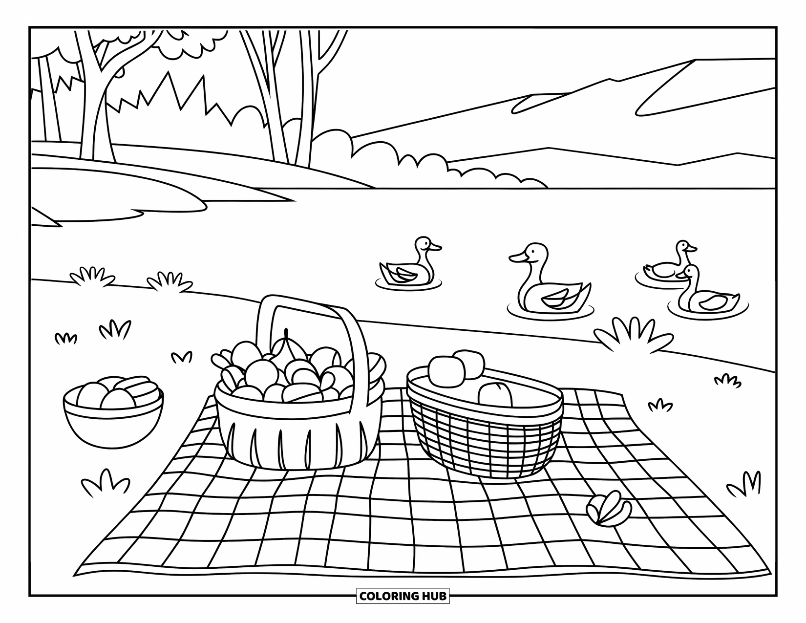 Desenho de primavera para colorir para crianças: Um piquenique à beira de um lago com uma cesta de frutas e patos nadando por perto