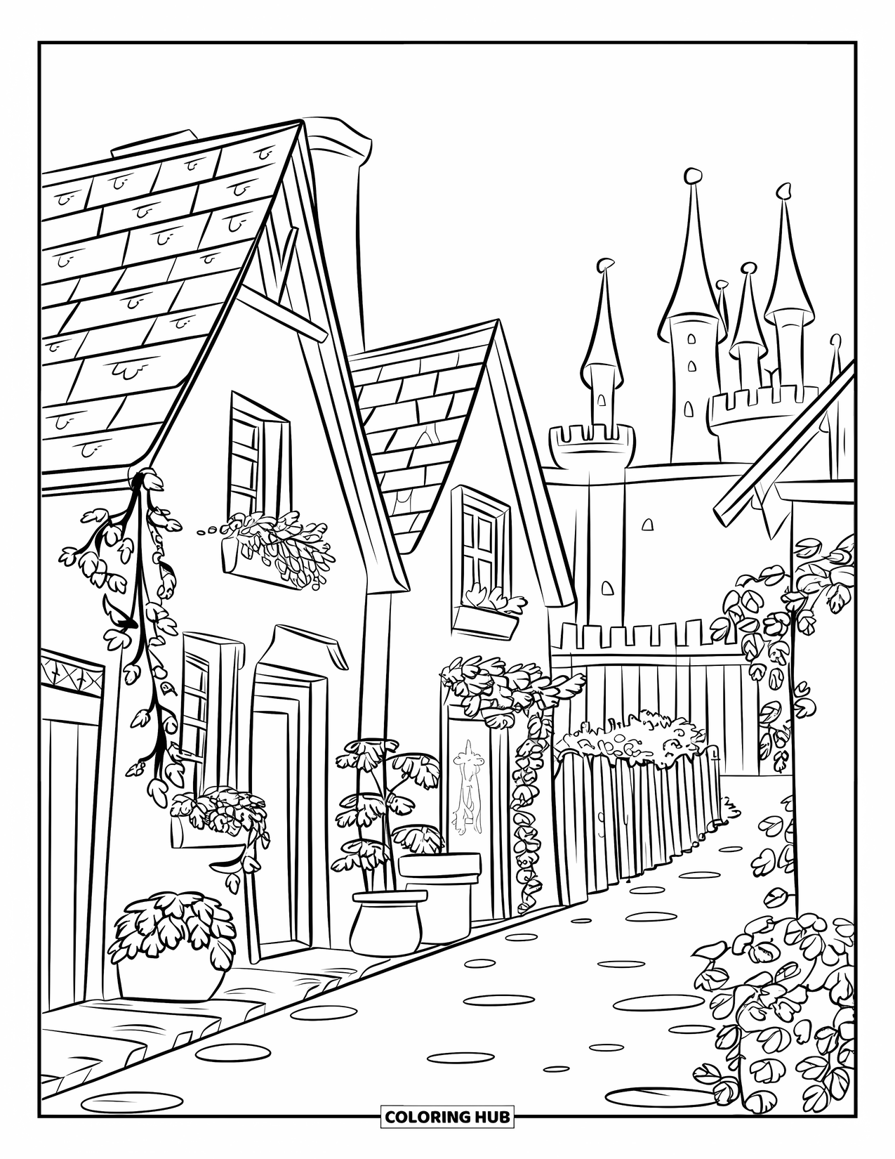 Desenho de primavera para colorir para crianças: Uma vila pitoresca com casas de campo aconchegantes, trepadeiras floridas e ruas de paralelepípedos