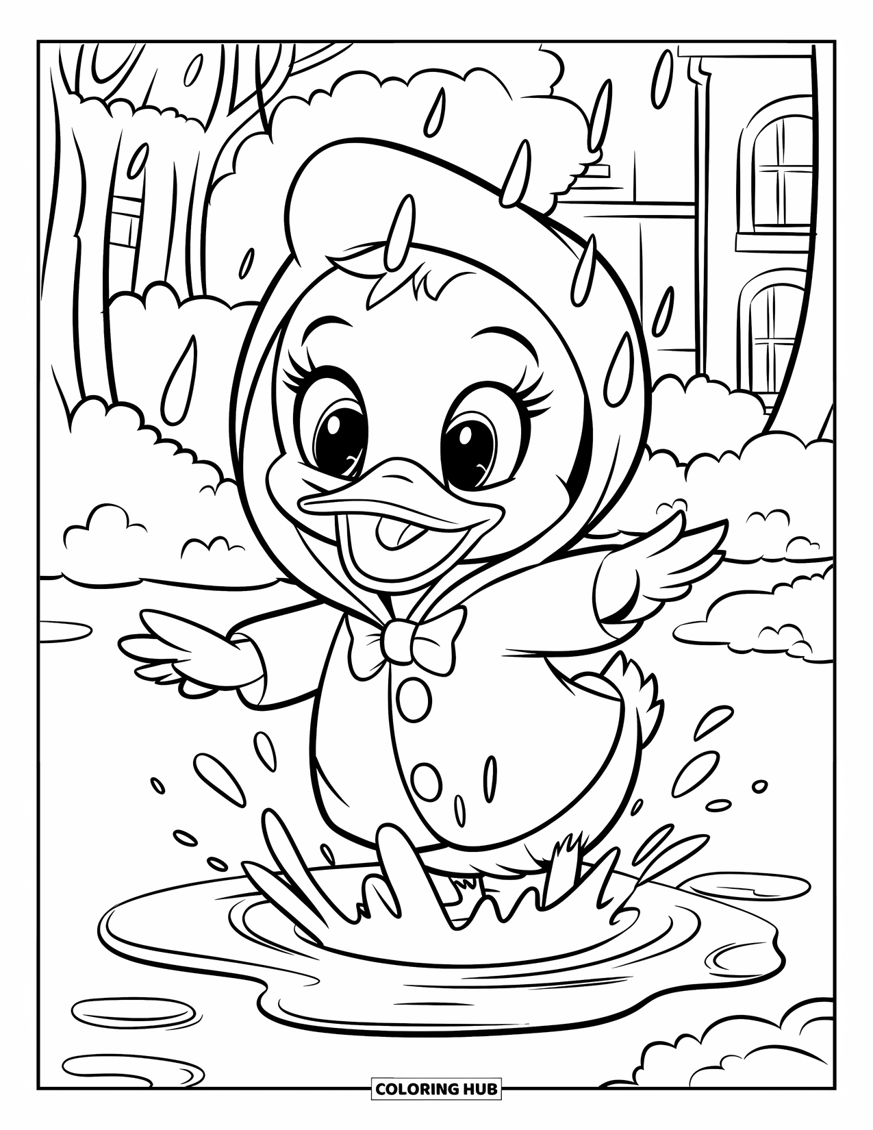 Desenho de primavera para colorir para crianças: Um patinho brincalhão em uma capa de chuva pula em uma poça com gotas de chuva caindo