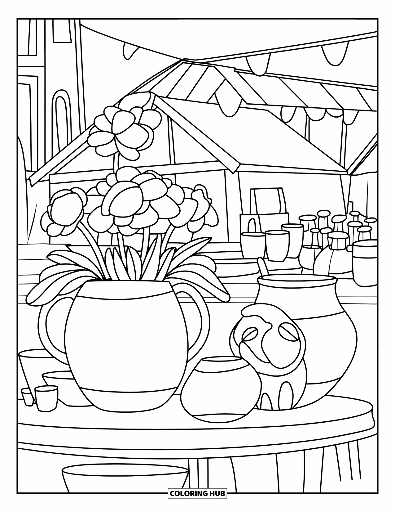 Desenho de primavera para colorir para crianças: Um estande de cerâmica em um mercado de primavera exibe vasos feitos à mão e animais de barro pintados