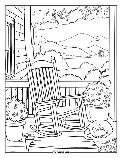 Spring Coloring Page for Kids: A rustic porch with potted plants, a rocking chair, and a napping Persian cat