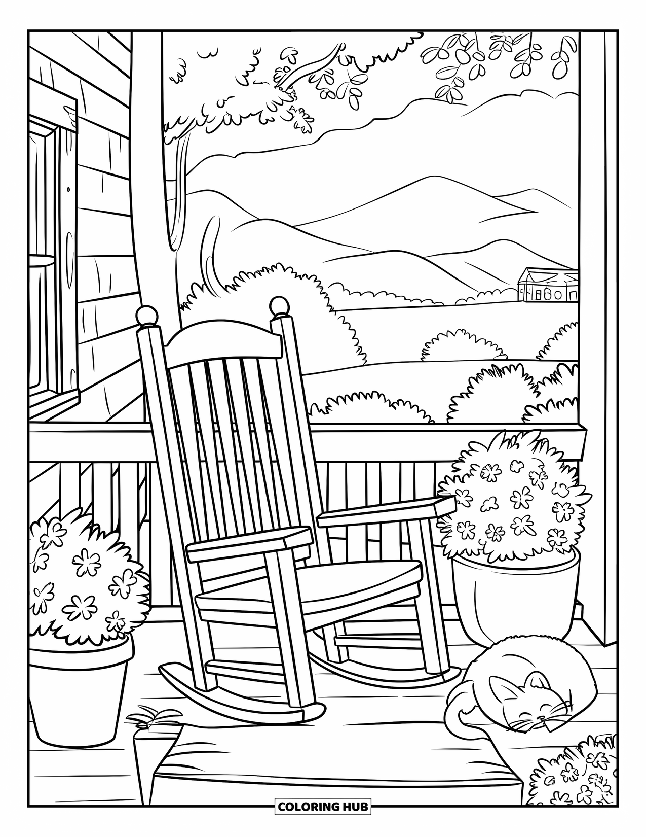 Desenho de primavera para colorir para crianças: Uma varanda rústica com plantas em vasos, uma cadeira de balanço e um gato persa cochilando