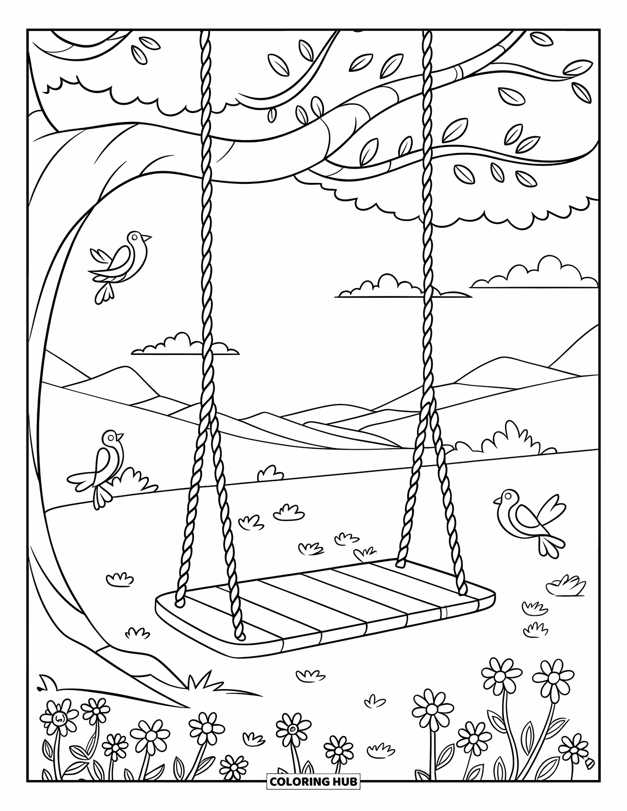 Desenho de primavera para colorir para crianças: Um balanço de árvore rústico pende de um galho resistente, emoldurado por flores desabrochando