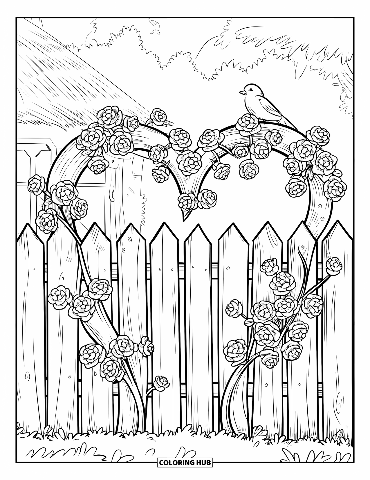 Desenho de primavera para colorir para crianças: Uma cerca de madeira rústica coberta de rosas trepadeiras, com um pequeno pássaro empoleirado no topo