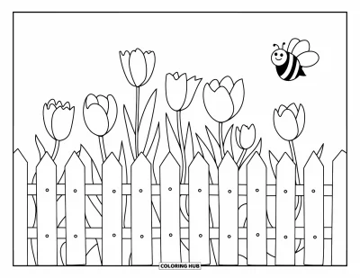Spring Coloring Page for Kids: A simple picket fence lined with tulips and a buzzing bee flying nearby