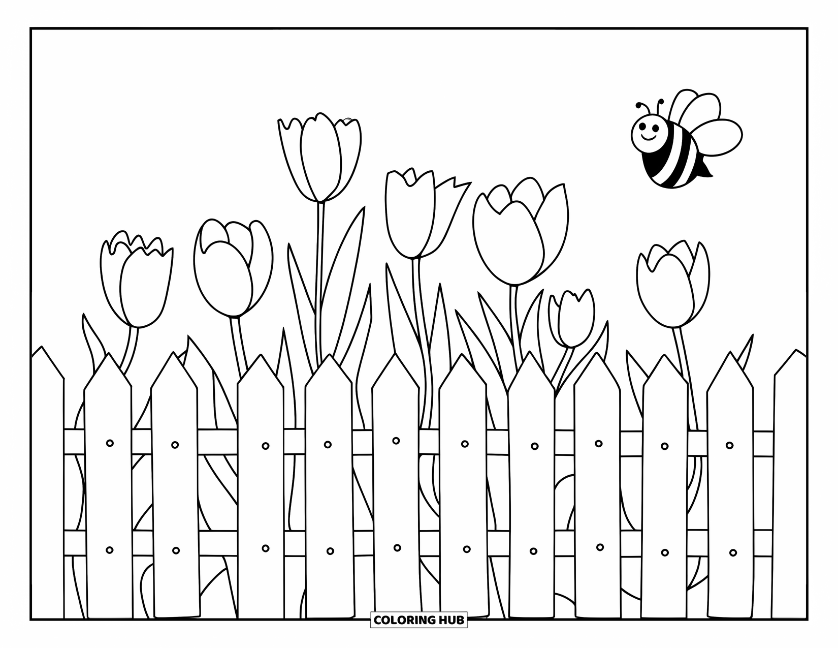 Desenho de primavera para colorir para crianças: Uma cerca de piquete simples alinhada com tulipas e uma abelha zumbindo voando por perto
