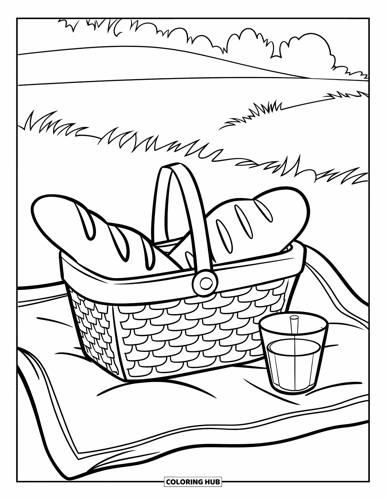 Desenho de primavera para colorir para crianças: Uma cesta de piquenique simples com pão e suco senta-se em uma manta aconchegante em um prado