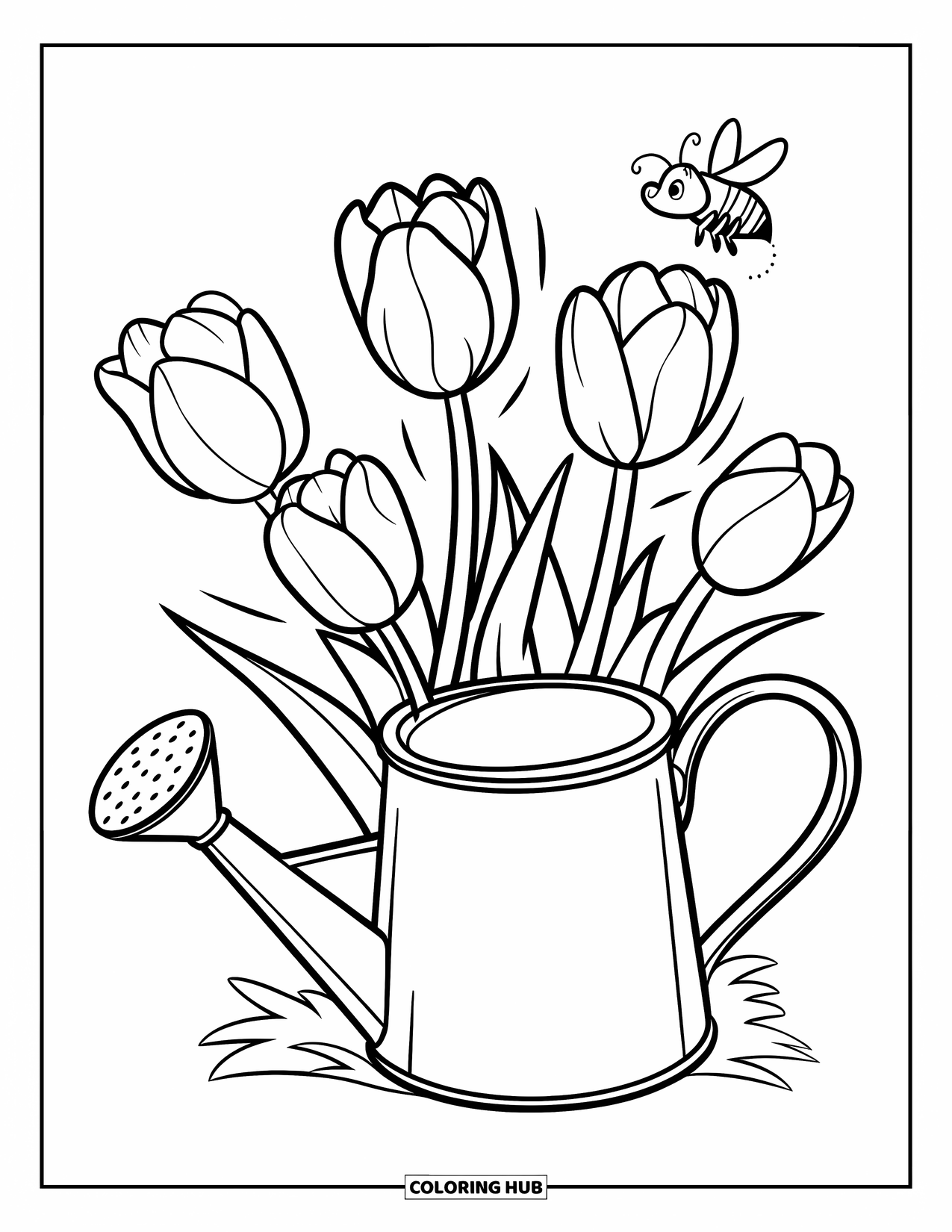 Desenho de primavera para colorir para crianças: Um regador simples fica ao lado de tulipas florescendo, com uma abelha curiosa por perto