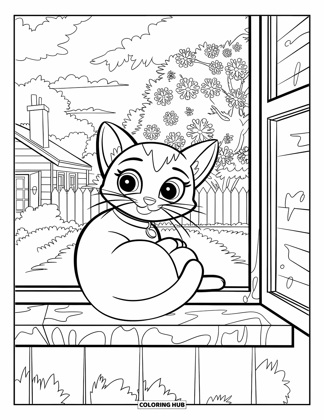 Desenho de primavera para colorir para crianças: Um gato sonolento descansa em um parapeito de janela aconchegante, observando as flores desabrocharem do lado de fora