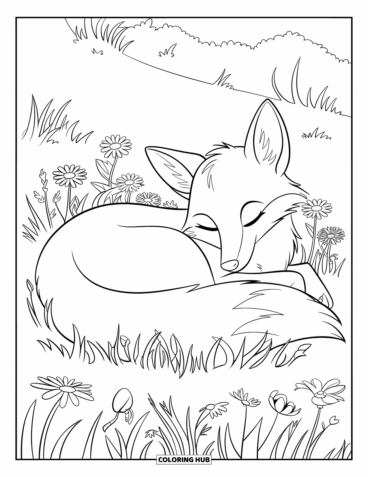 Desenho de primavera para colorir para crianças: Uma raposa sonolenta aninhada em um leito de flores silvestres, banhando-se no sol suave