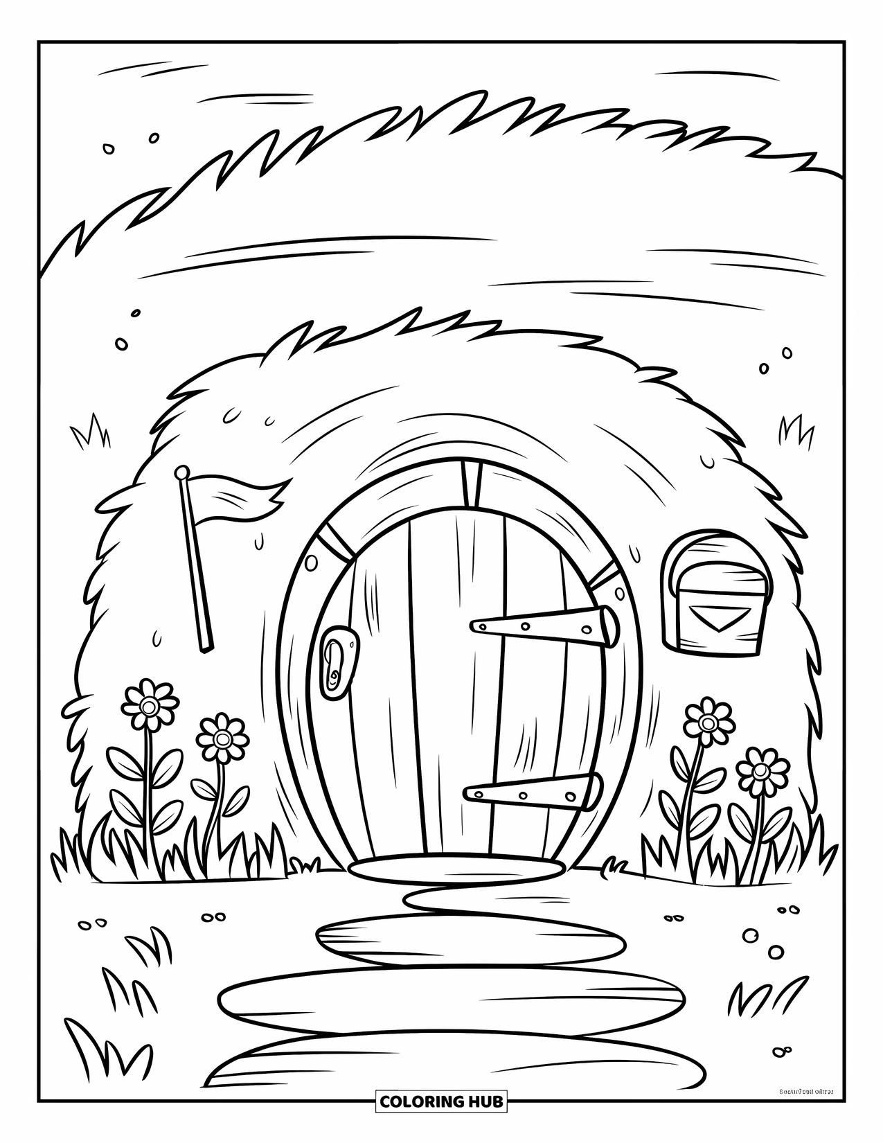 Desenho de primavera para colorir para crianças: Uma pequena toca com uma caixa de correio, uma porta redonda e um campo gramado