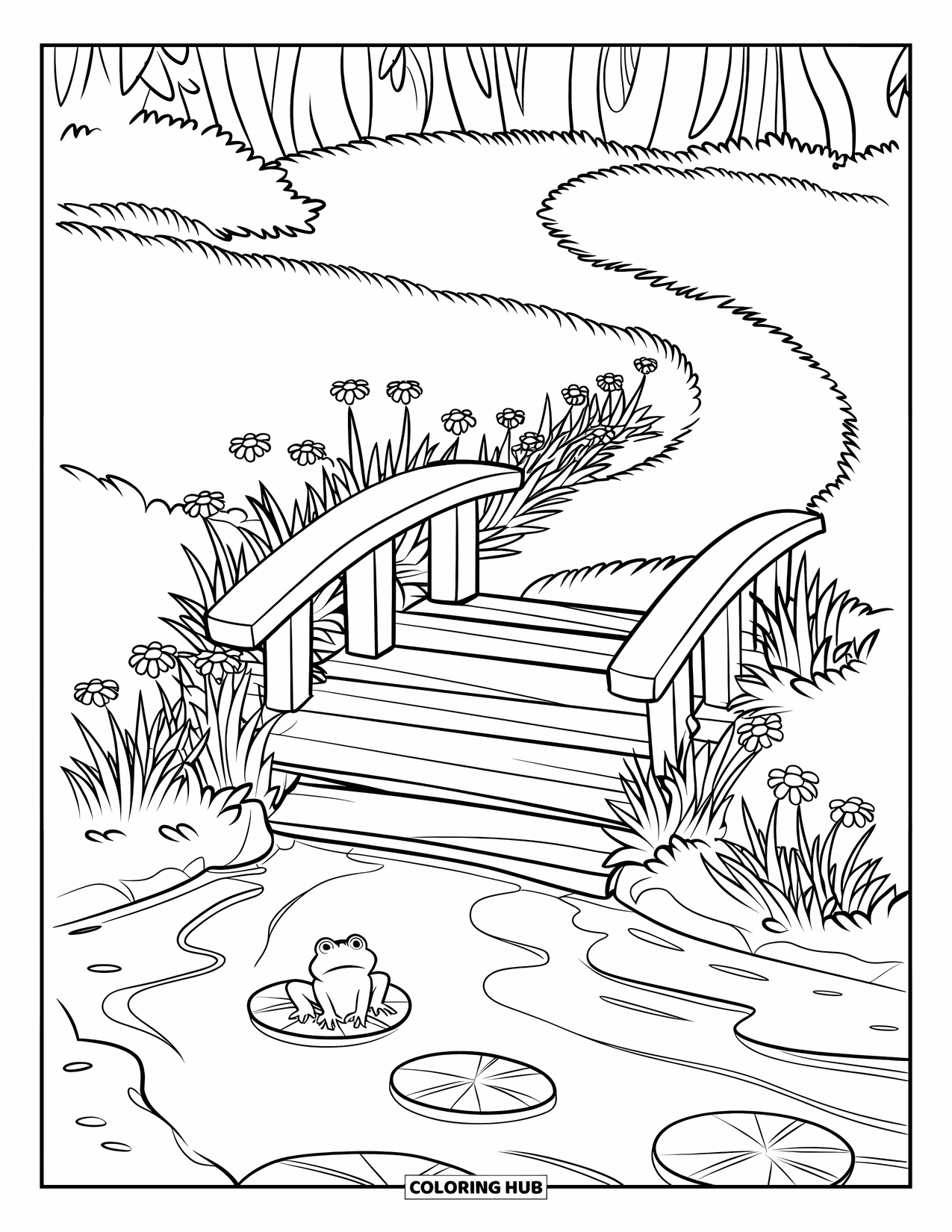 Desenho de primavera para colorir para crianças: Uma pequena passarela sobre um riacho claro, com flores desabrochando ao longo das margens