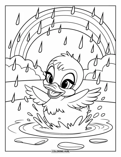 Spring Coloring Page for Kids: A smiling duckling enjoys a rainy day, splashing in a puddle under a rainbow