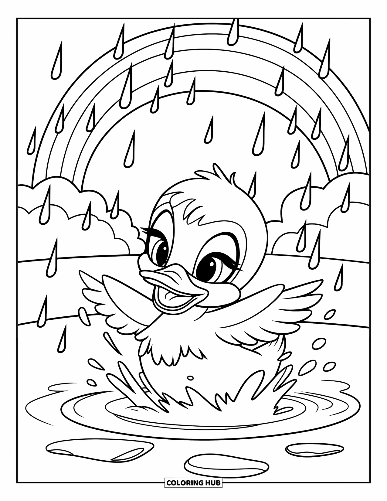 Desenho de primavera para colorir para crianças: Um patinho sorridente aproveita um dia chuvoso, espirrando em uma poça sob um arco-íris
