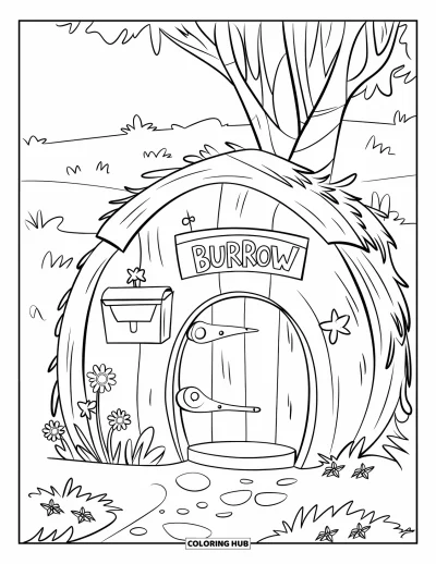 Spring Coloring Page for Kids: A snug burrow with a wooden door, a tiny mailbox, and blooming flowers