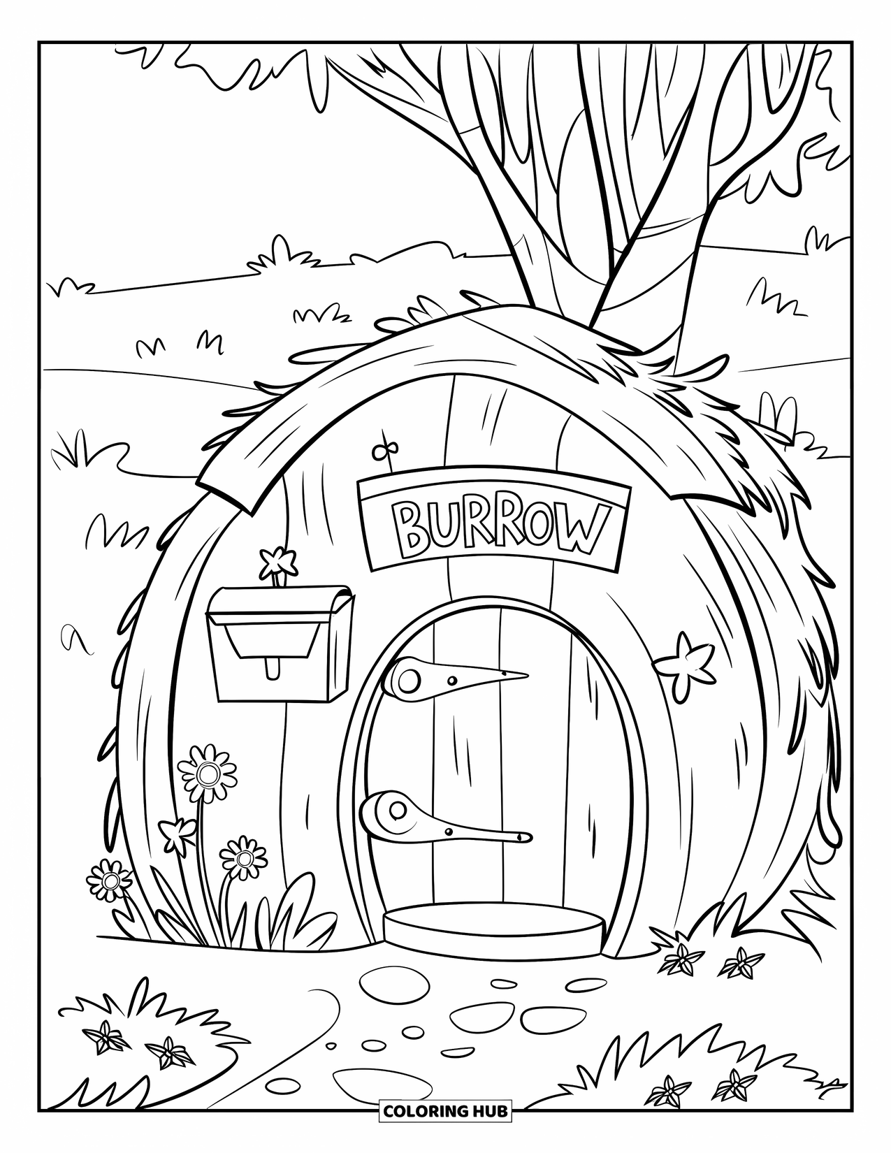 Desenho de primavera para colorir para crianças: Uma toca aconchegante com uma porta de madeira, uma pequena caixa de correio e flores desabrochando