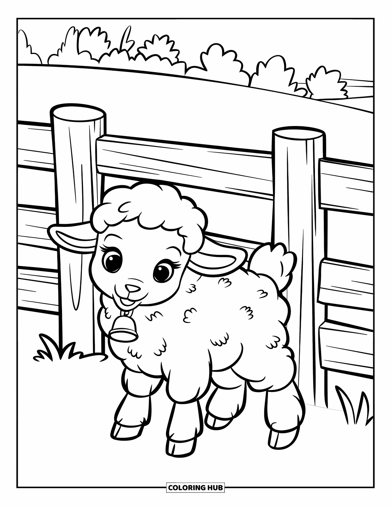Desenho de primavera para colorir para crianças: Um cordeiro macio e lanoso com um sino explora o terreiro gramado