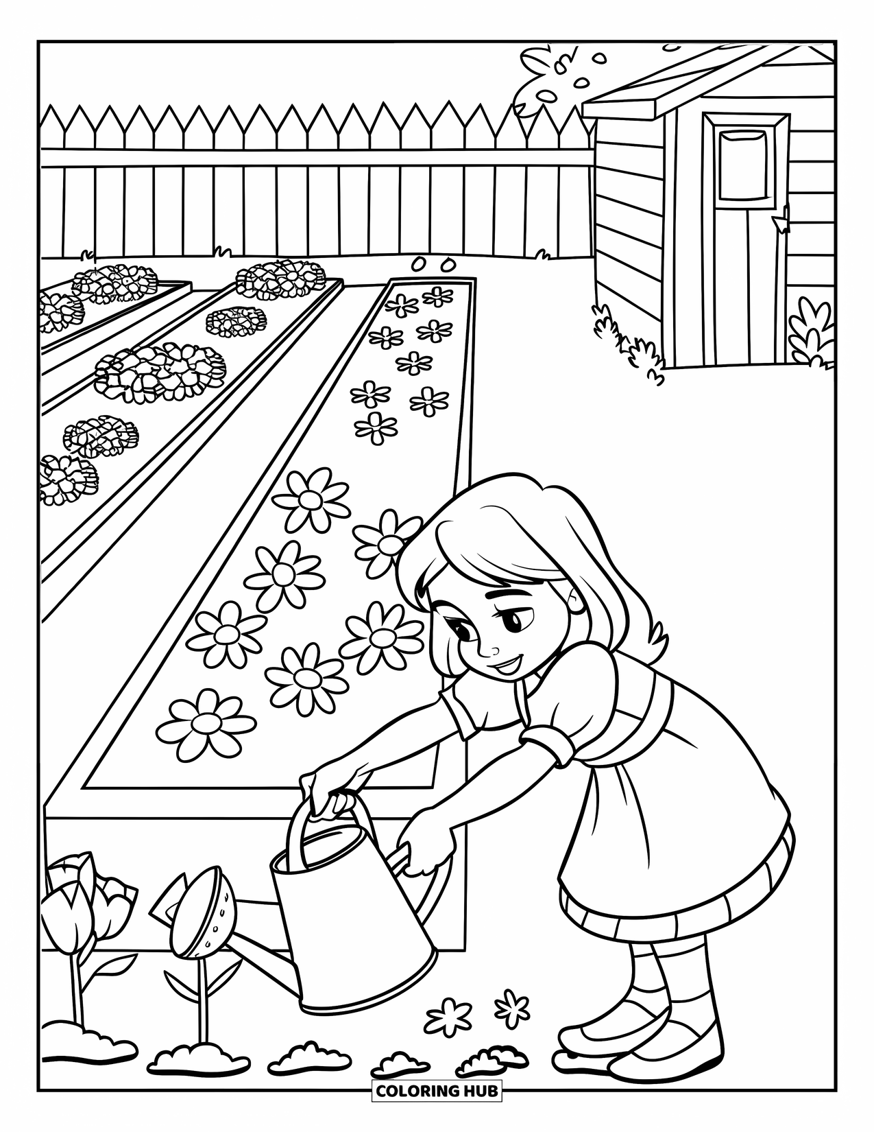 Desenho de primavera para colorir para crianças: Um jardim de primavera com uma menina plantando flores, um regador e um galpão de madeira