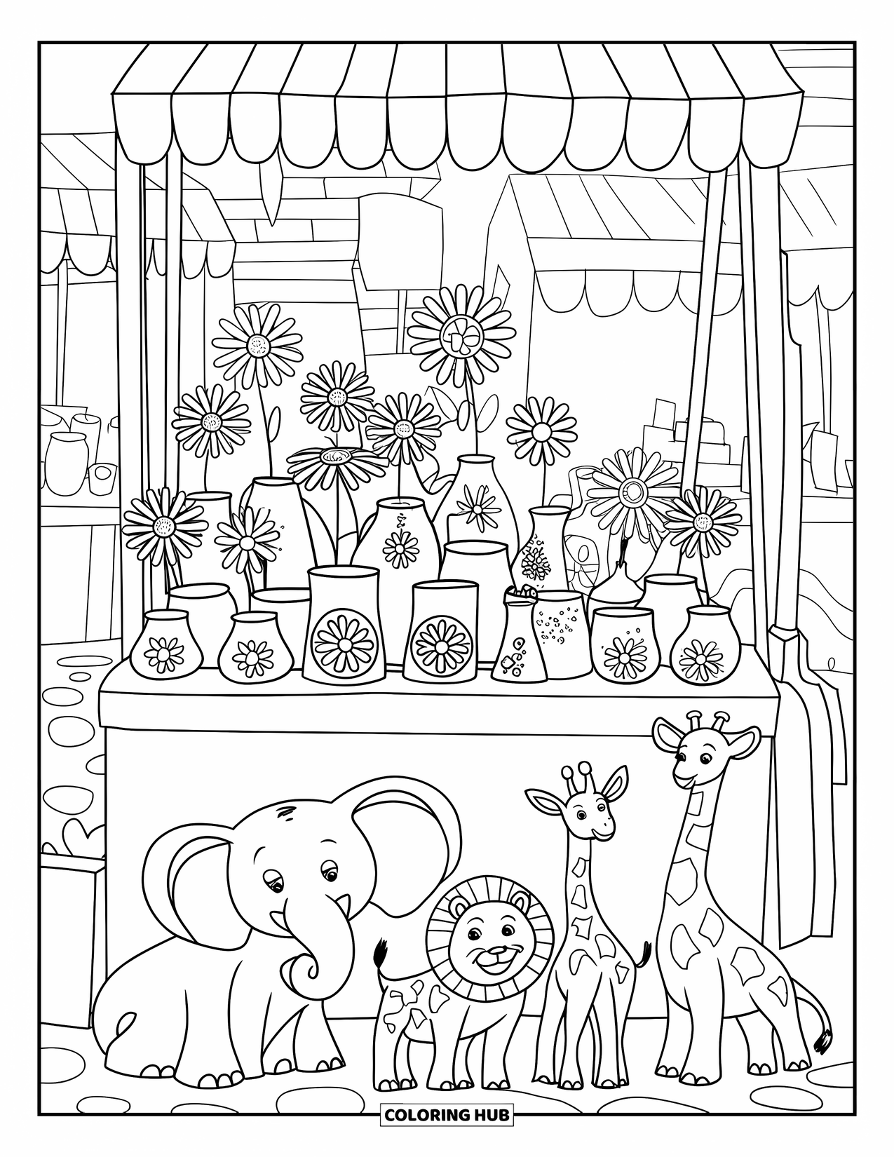 Desenho de primavera para colorir para crianças: Uma barraca de mercado de primavera cheia de vasos de flores exclusivos e animais de barro caprichosos