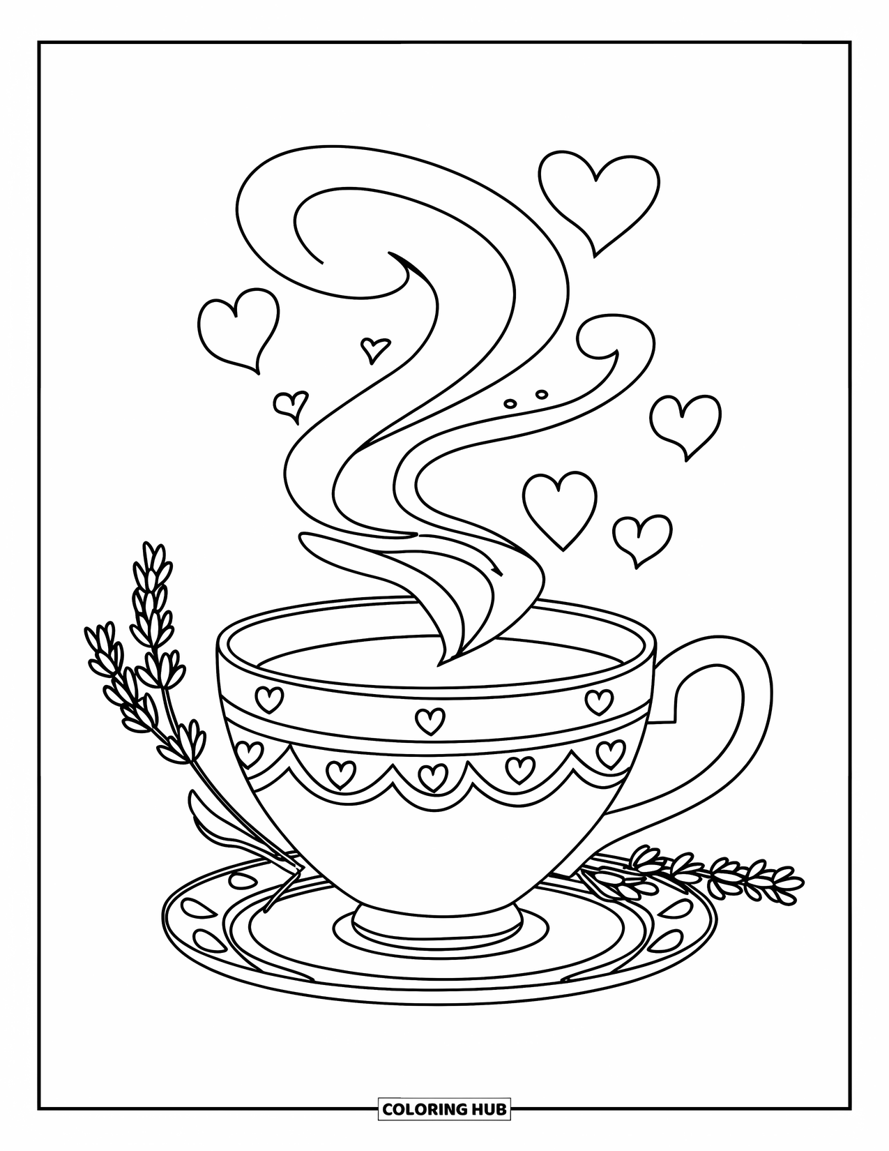 Desenho de primavera para colorir para crianças: Uma xícara de chá fumegante com lavanda ao lado, perfeita para um momento tranquilo e aconchegante