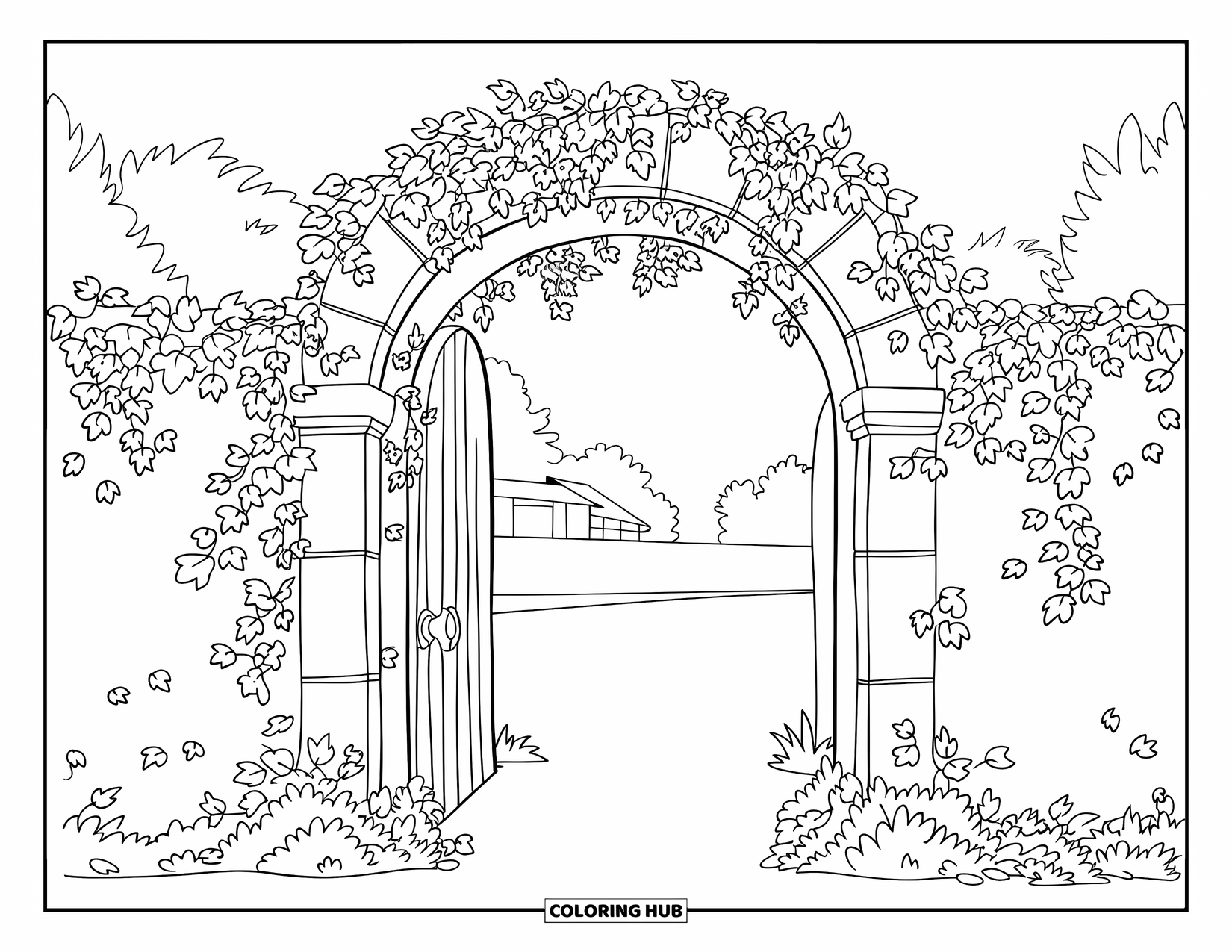 Desenho de primavera para colorir para crianças: Um arco de pedra coberto de hera, com um pequeno gato enrolado embaixo dele
