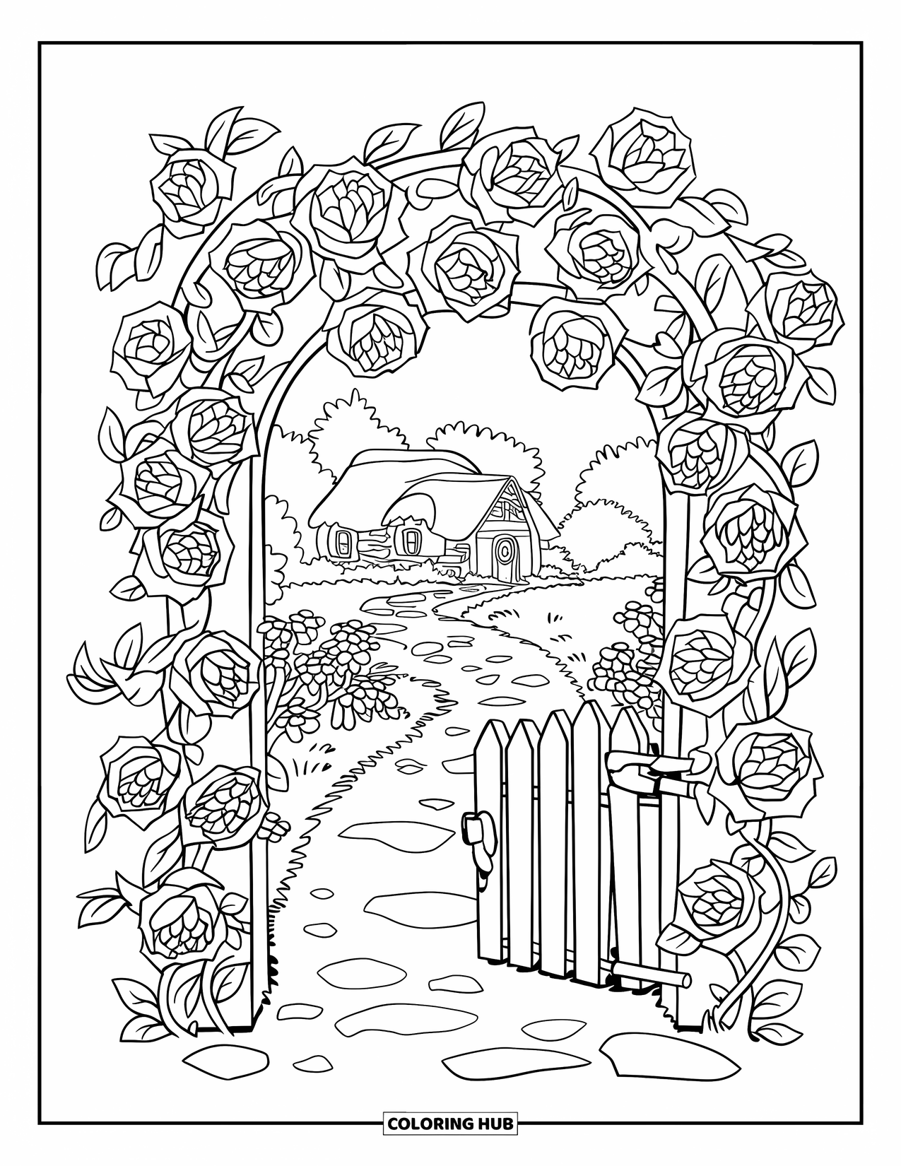 Desenho de primavera para colorir para crianças: Um caminho de jardim pavimentado com pedras serpenteia por rosas florescendo até uma casa de campo aconchegante