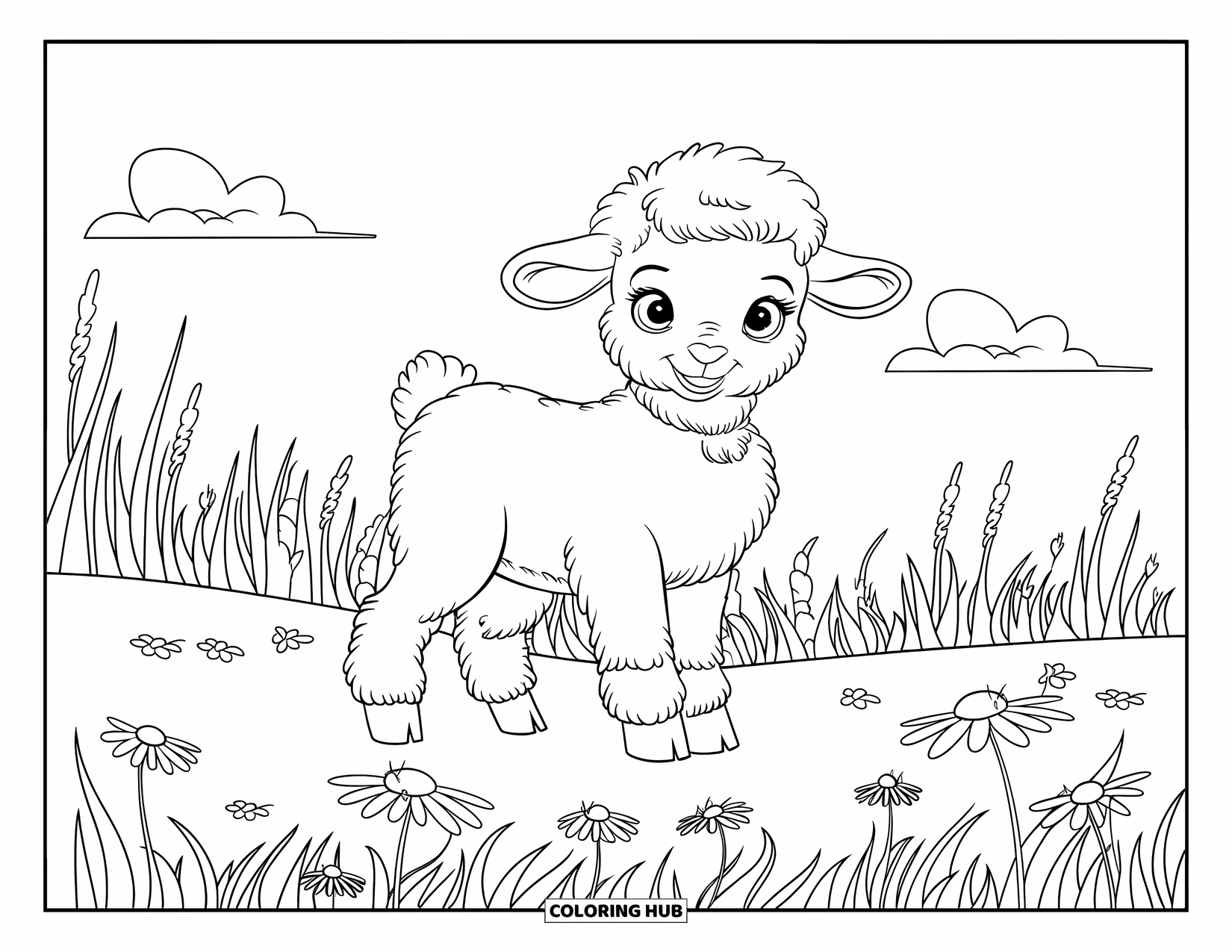 Desenho de primavera para colorir para crianças: Um doce cordeirinho desfruta de um prado tranquilo cheio de flores e sol