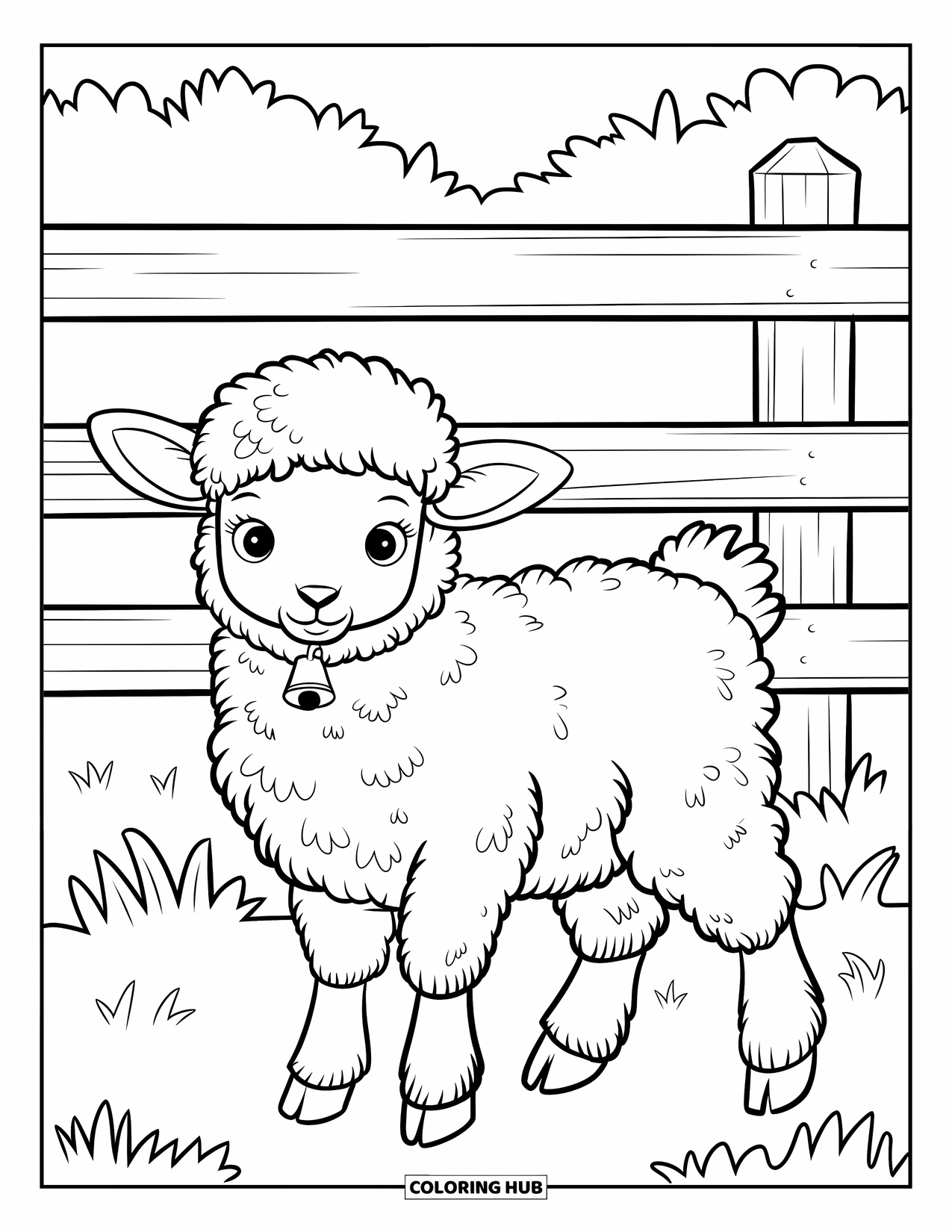 Desenho de primavera para colorir para crianças: Um doce cordeirinho descansa perto de uma cerca de fazenda rústica em um pasto verde