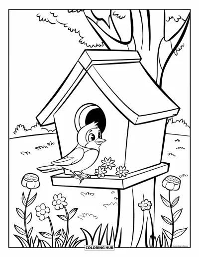 Spring Coloring Page for Kids: A tiny bird rests on a tree-mounted birdhouse, surrounded by fresh spring flowers