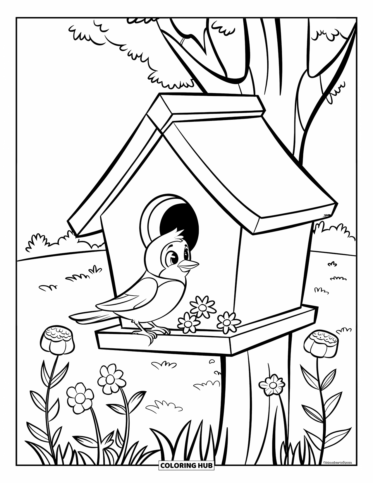 Desenho de primavera para colorir para crianças: Um pequeno pássaro descansa em uma casinha de pássaros montada em uma árvore, cercado por flores frescas da primavera