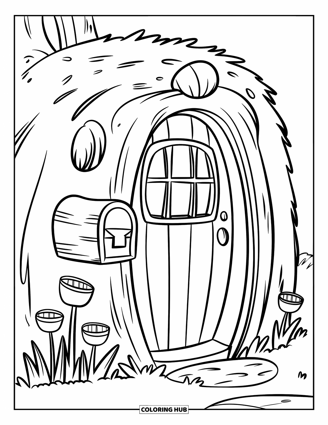 Desenho de primavera para colorir para crianças: Uma toca minúscula na floresta com uma caixa de correio e flores coloridas do lado de fora