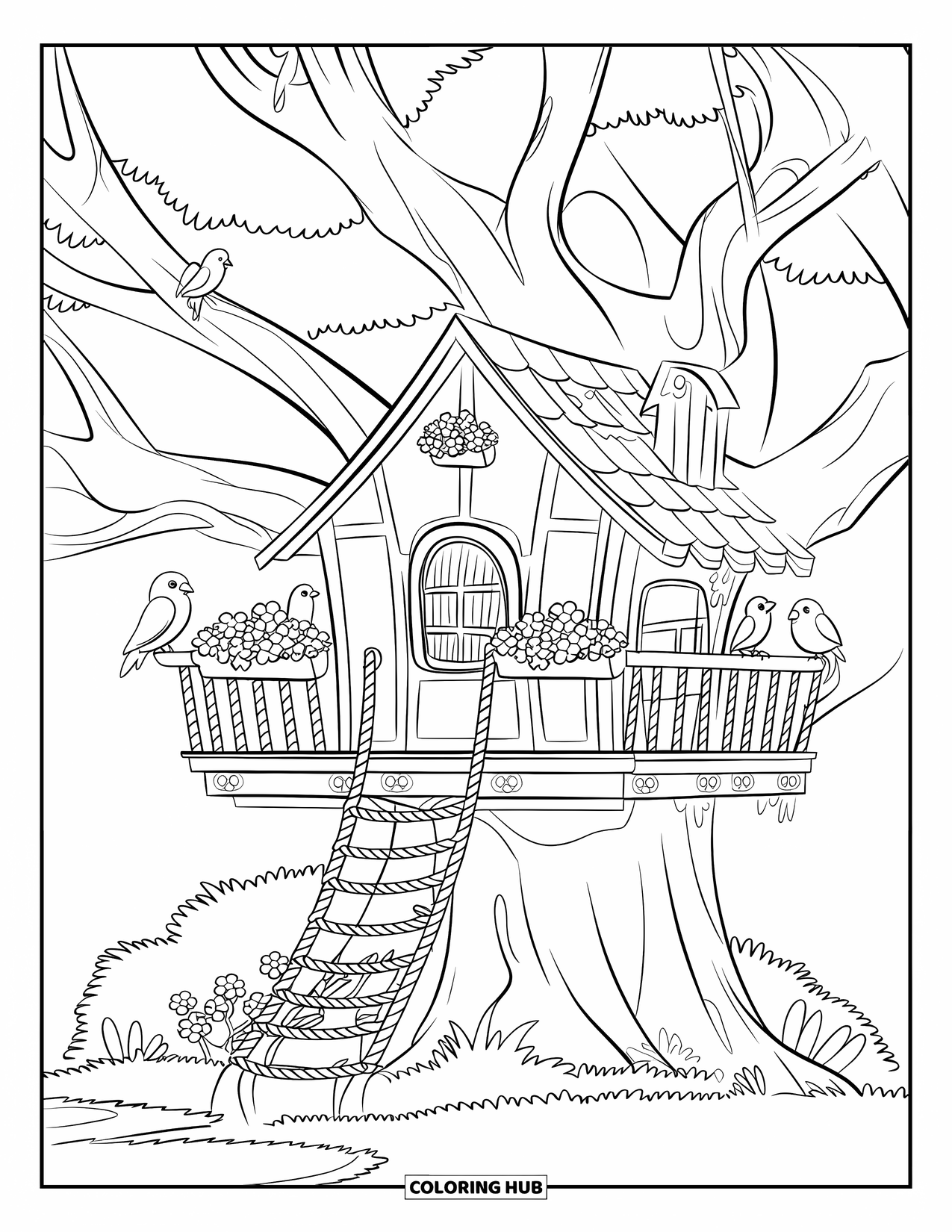 Desenho de primavera para colorir para crianças: Uma casa na árvore com uma escada de madeira, cercada por pássaros e flores desabrochando