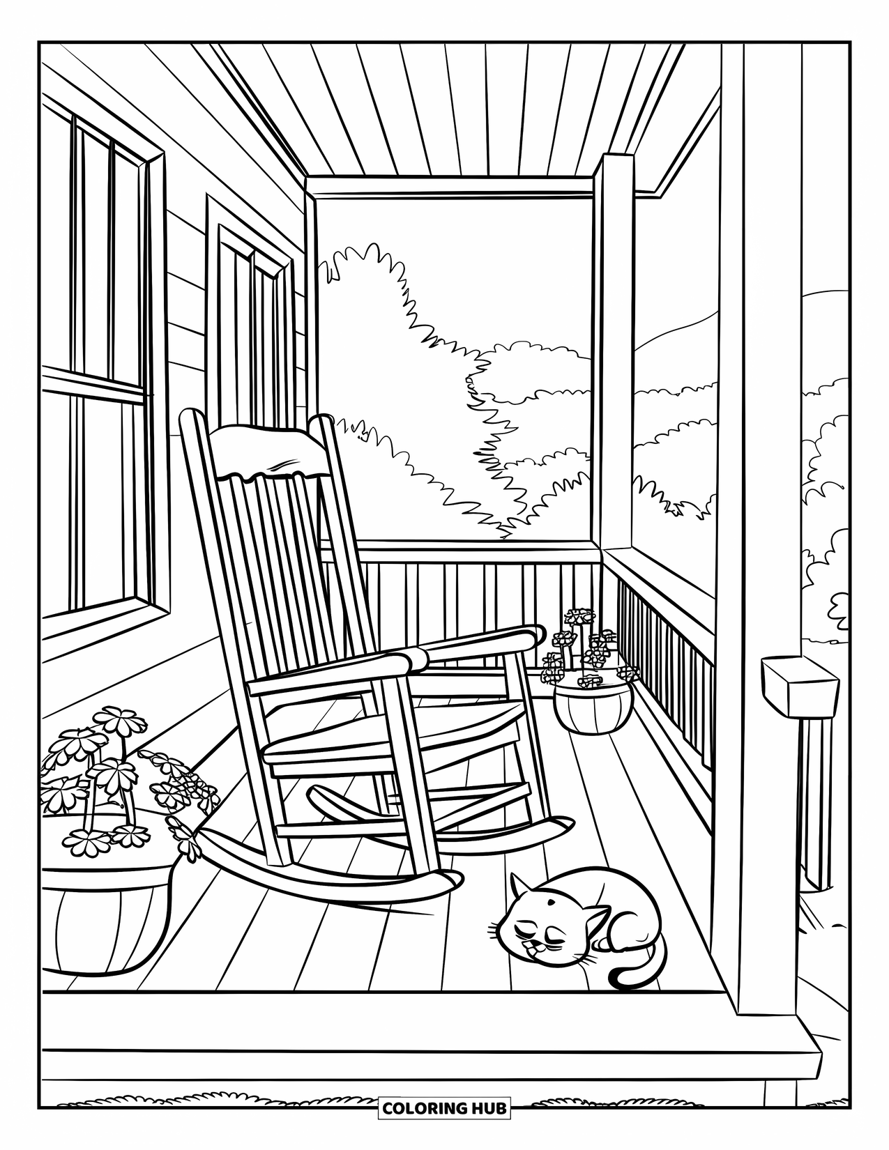 Desenho de primavera para colorir para crianças: Uma varanda acolhedora e convidativa com flores, uma cadeira de balanço e um gato descansando
