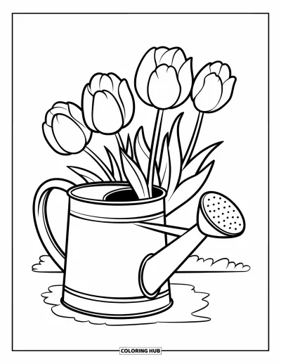 Spring Coloring Page for Kids: A watering can with tulips growing beside it, with a little bee buzzing nearby