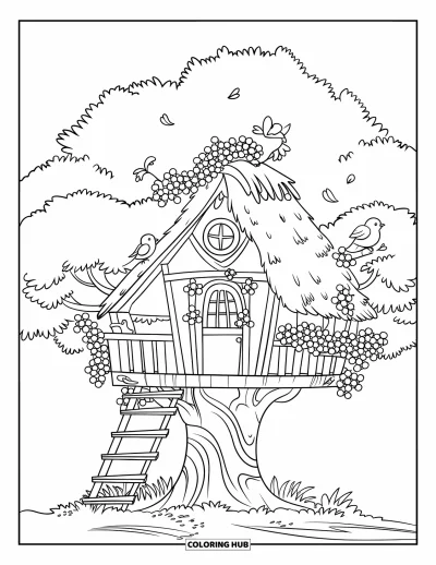 Spring Coloring Page for Kids: A whimsical treehouse with buzzing bees, chirping birds, and blooming flowers