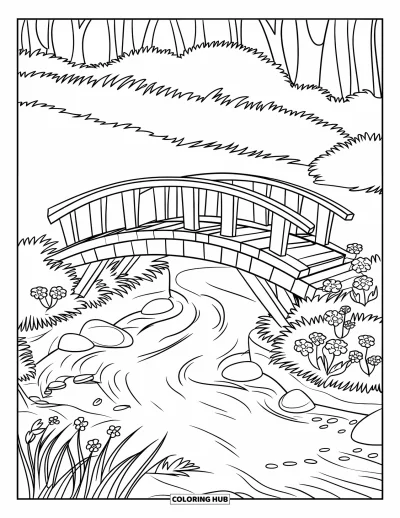 Spring Coloring Page for Kids: A wooden footbridge crosses a bubbling brook, surrounded by flowers and tall grass