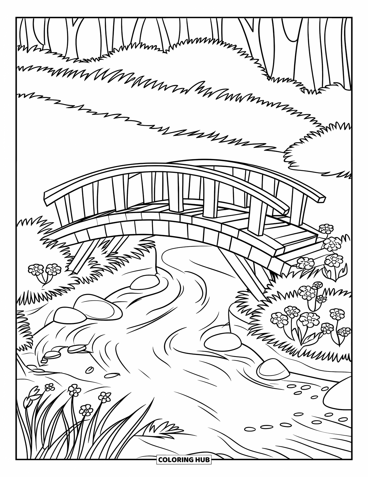 Desenho de primavera para colorir para crianças: Uma passarela de madeira cruza um riacho borbulhante, cercada por flores e grama alta